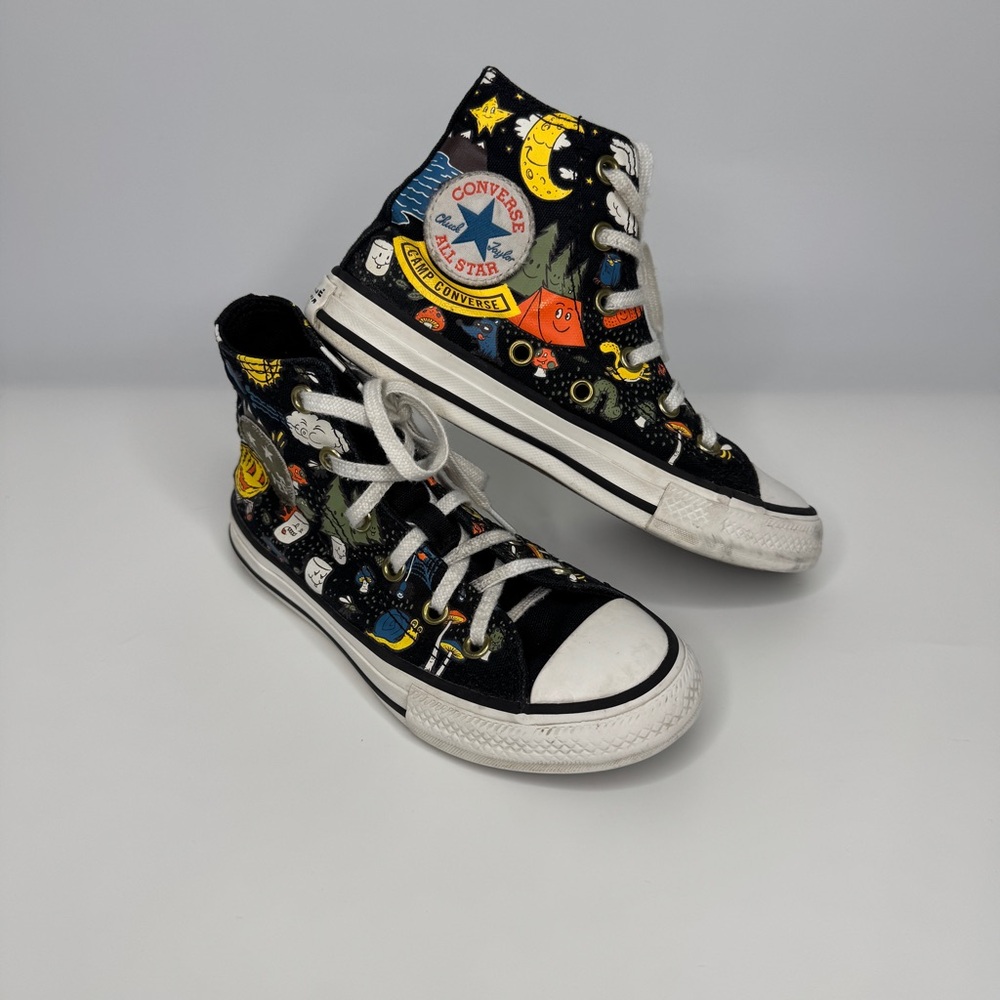 Converse High Top Sneakers Kids 12 Unisex Black Camping Hiking Print Gym Shoes